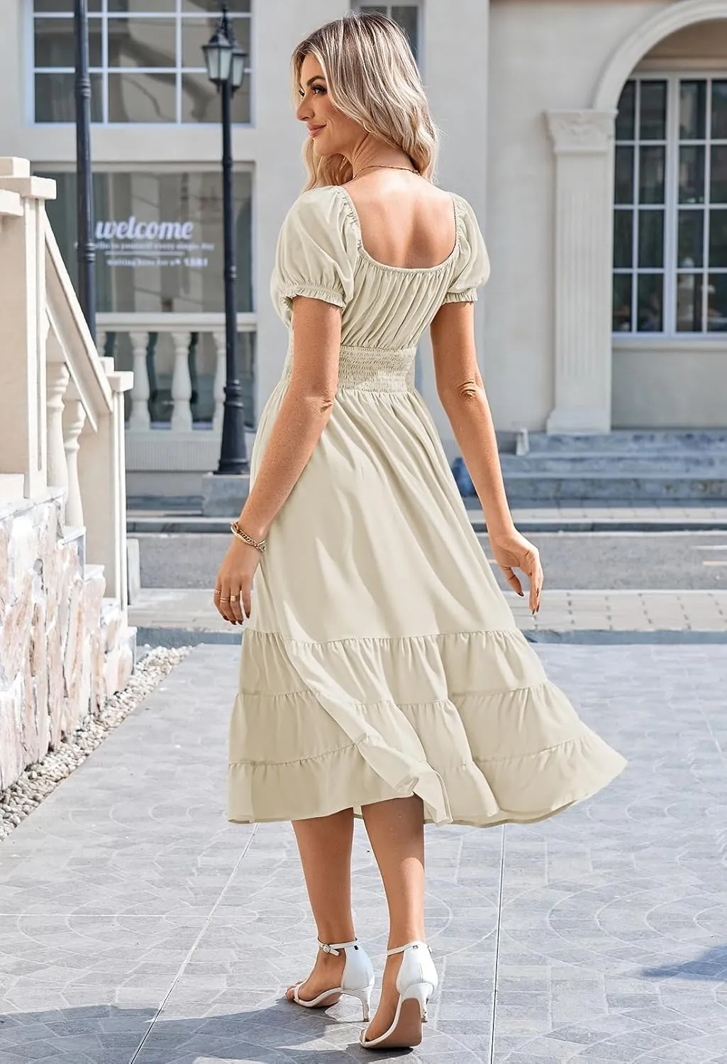 Duigluw Dresses for Women 2025 Casual Summer Short Puff Sleeve Square Neck A-Line Flared Dress