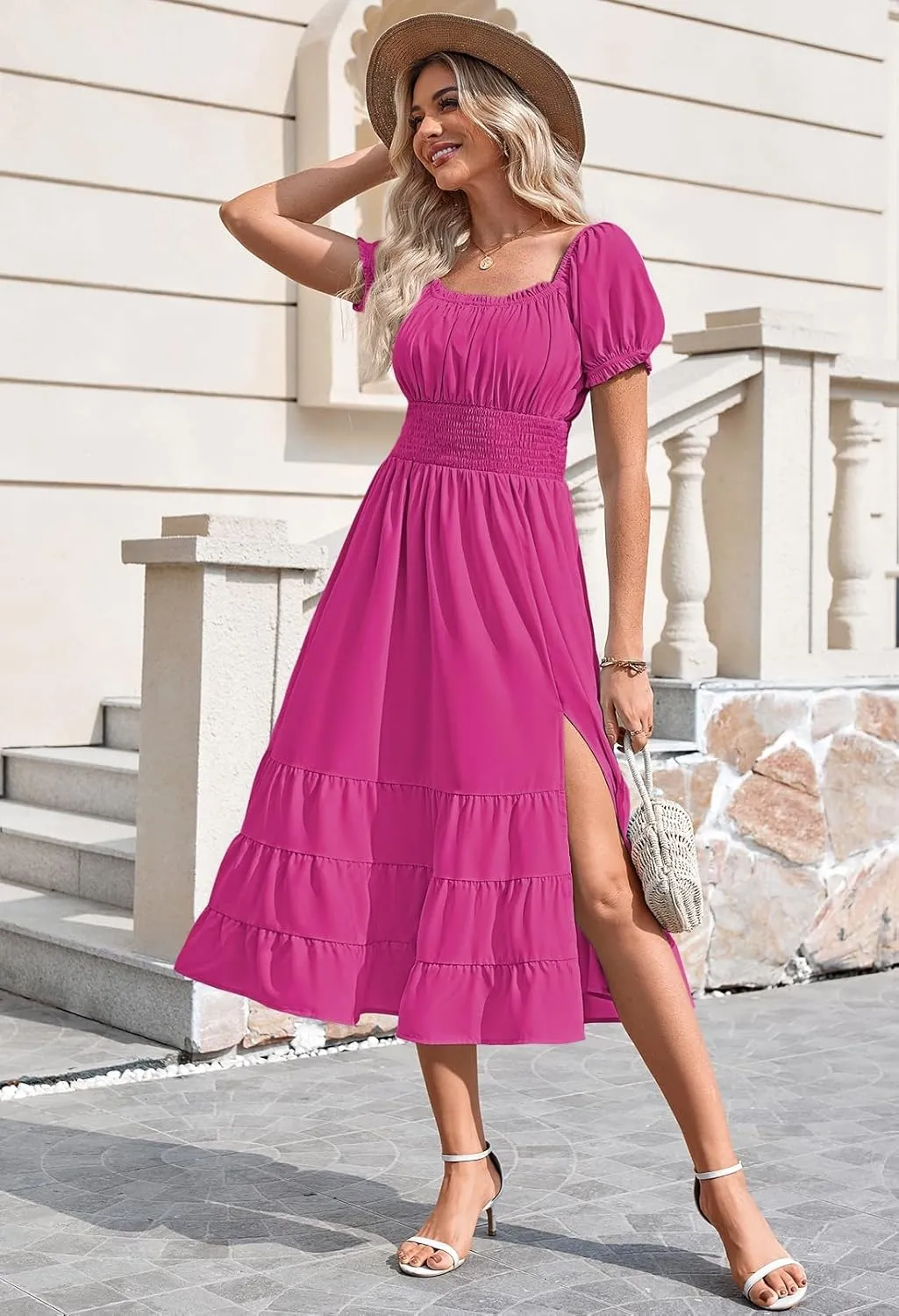 Duigluw Dresses for Women 2025 Casual Summer Short Puff Sleeve Square Neck A-Line Flared Dress