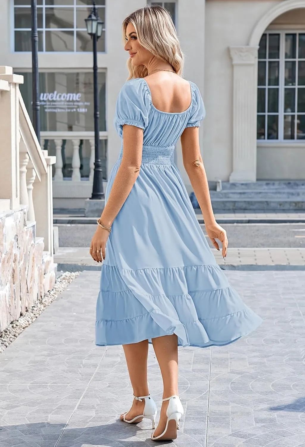 Duigluw Dresses for Women 2025 Casual Summer Short Puff Sleeve Square Neck A-Line Flared Dress
