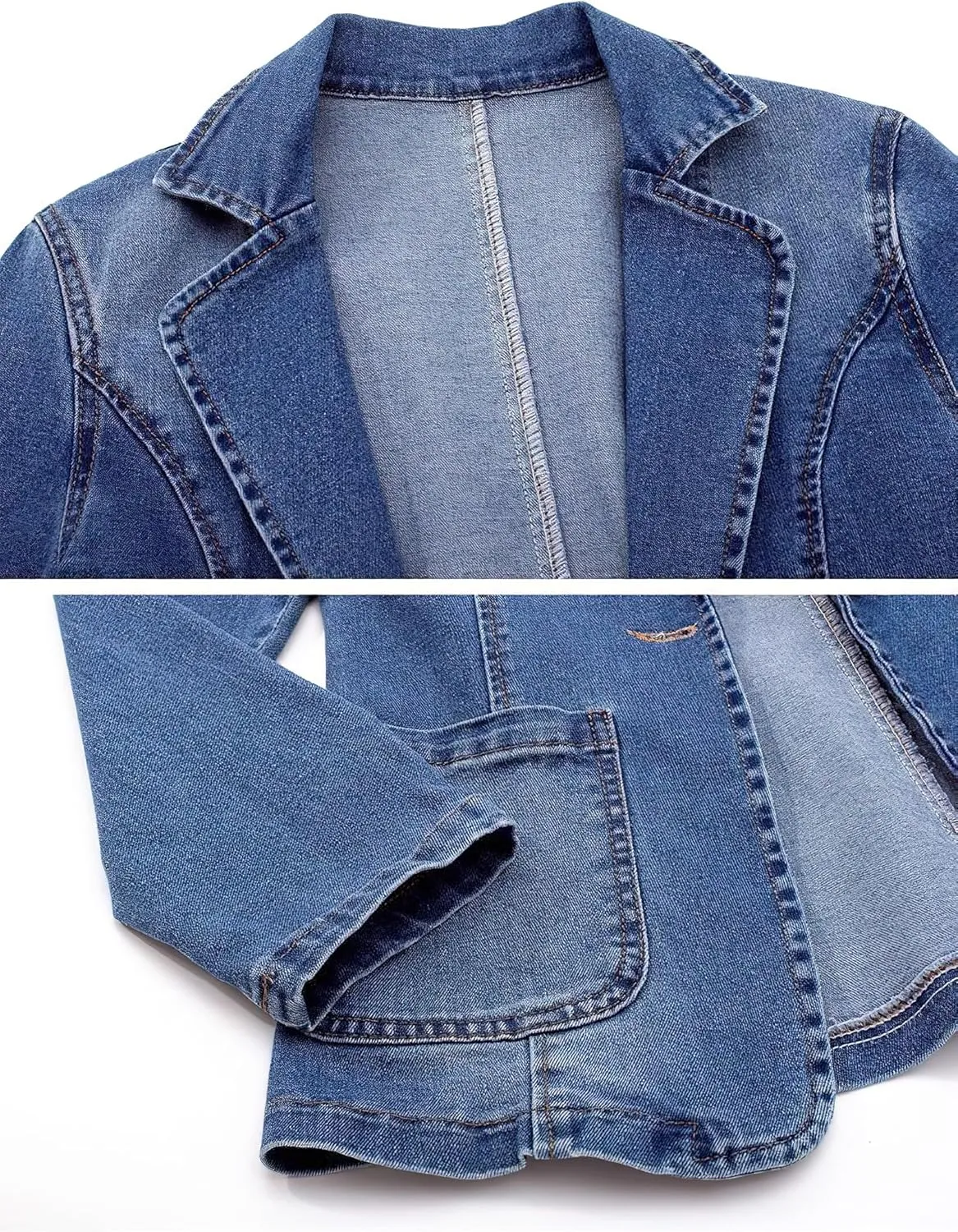 ebossy Women's Classic Notch Lapel Denim Blazer One Button Long Sleeve Slim Office Jean Jacket
