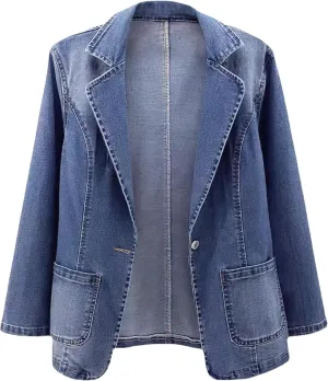 ebossy Women's Classic Notch Lapel Denim Blazer One Button Long Sleeve Slim Office Jean Jacket