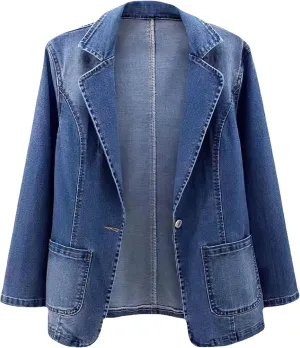 ebossy Women's Classic Notch Lapel Denim Blazer One Button Long Sleeve Slim Office Jean Jacket