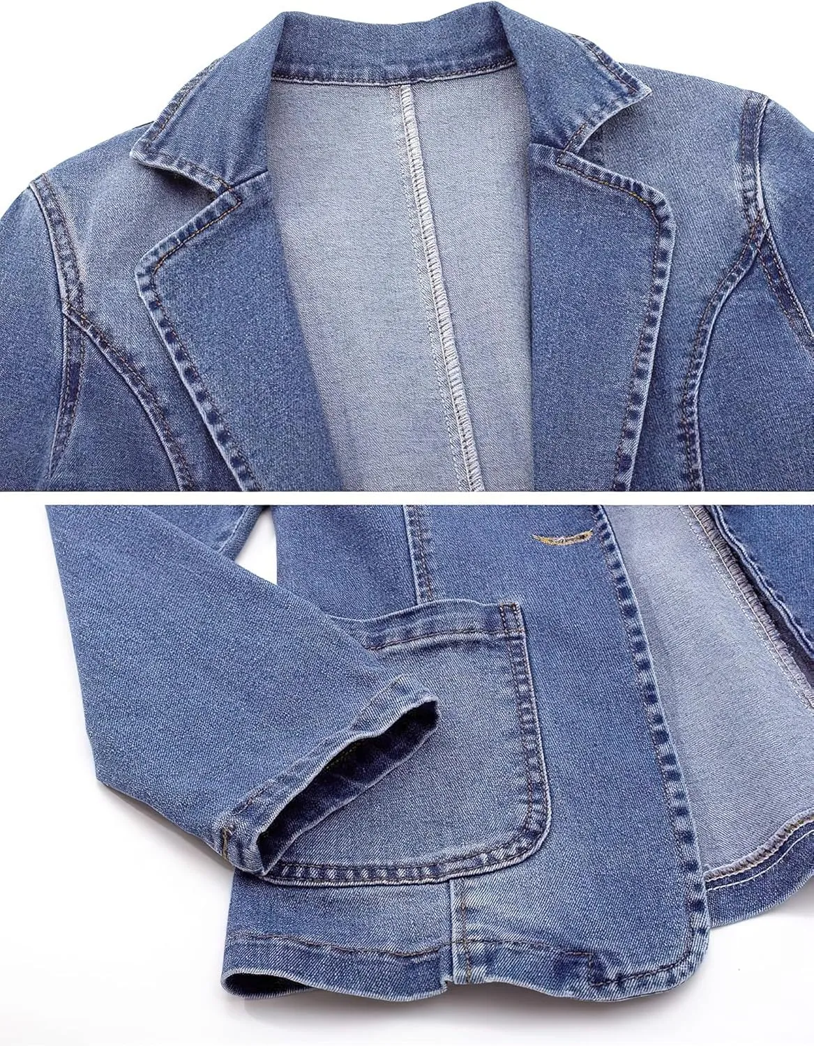 ebossy Women's Classic Notch Lapel Denim Blazer One Button Long Sleeve Slim Office Jean Jacket