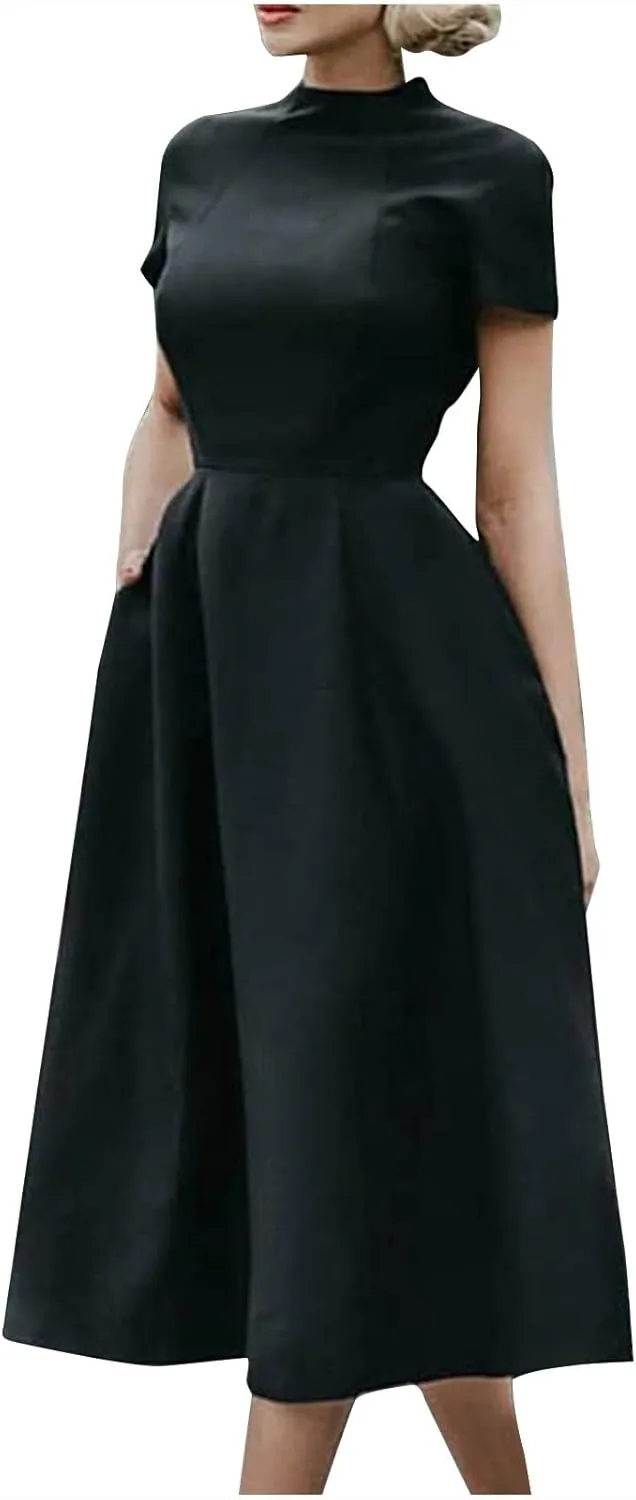 Elegant Dresses for Women Short Sleeve Mock Neck Midi Dress Pleated High Waist Solid Color Casual Tunic Dress