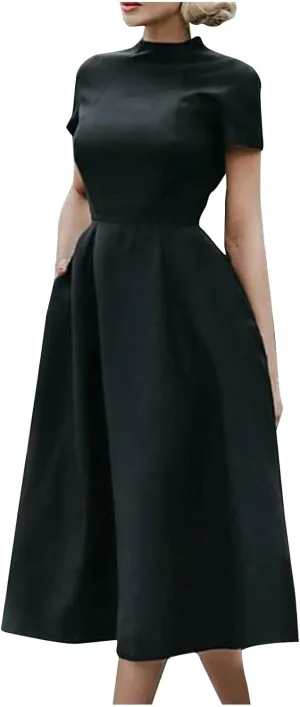Elegant Dresses for Women Short Sleeve Mock Neck Midi Dress Pleated High Waist Solid Color Casual Tunic Dress