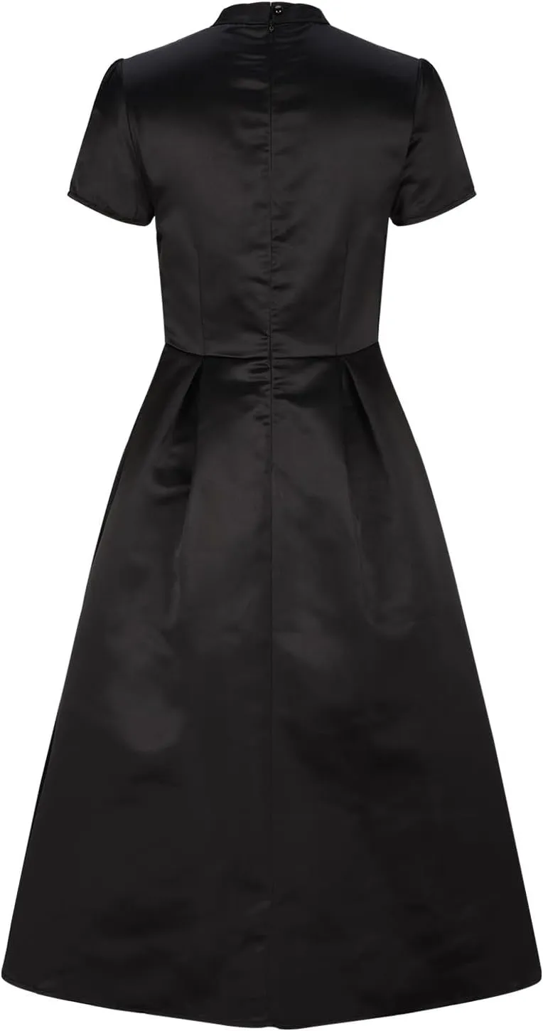 Elegant Dresses for Women Short Sleeve Mock Neck Midi Dress Pleated High Waist Solid Color Casual Tunic Dress