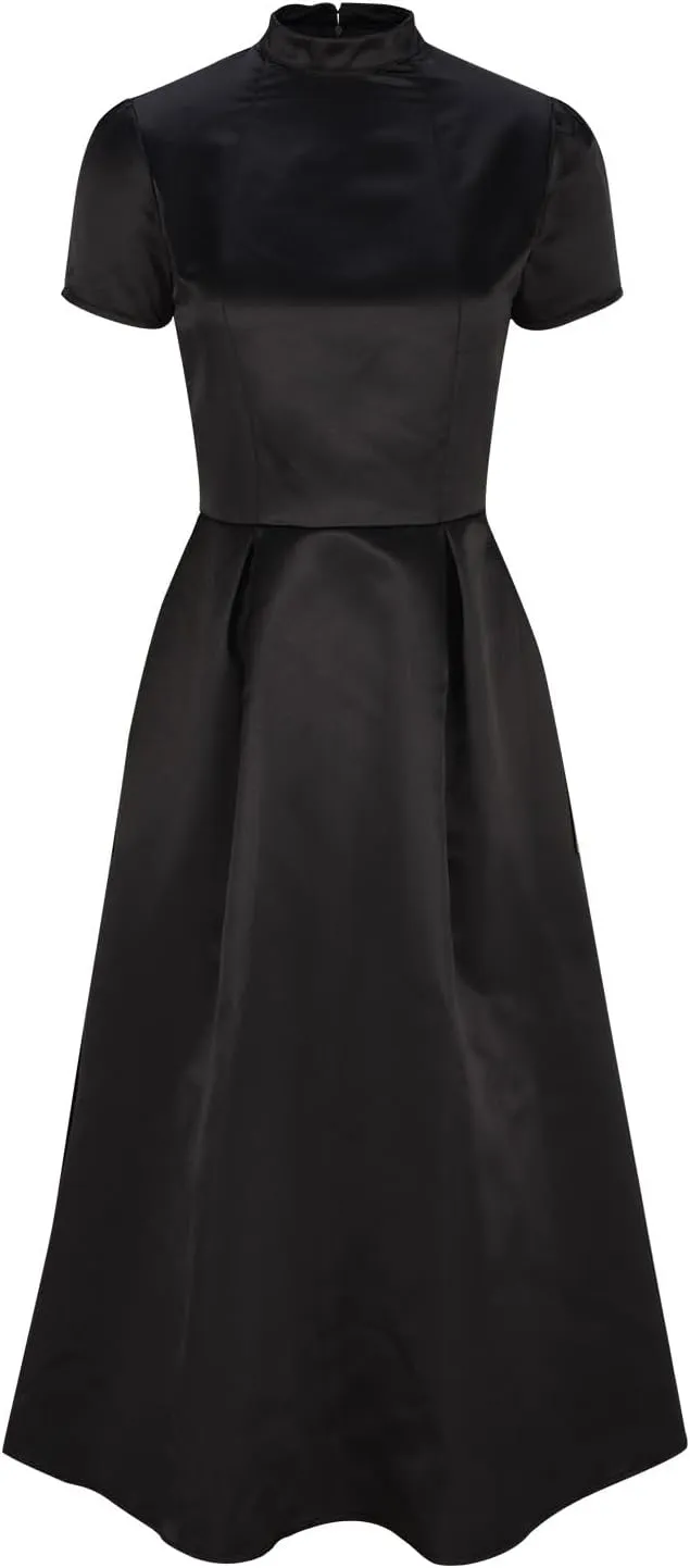 Elegant Dresses for Women Short Sleeve Mock Neck Midi Dress Pleated High Waist Solid Color Casual Tunic Dress
