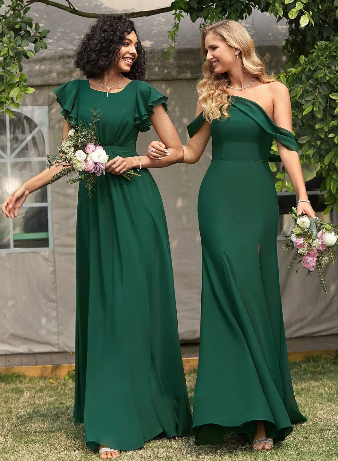 Elegant Women's One Shoulder Bridesmaid Dresses Long with Slit Mermaid Chiffon Formal Dresses VS003