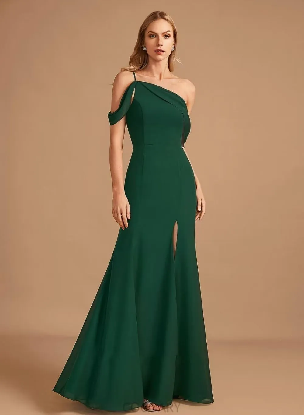 Elegant Women's One Shoulder Bridesmaid Dresses Long with Slit Mermaid Chiffon Formal Dresses VS003