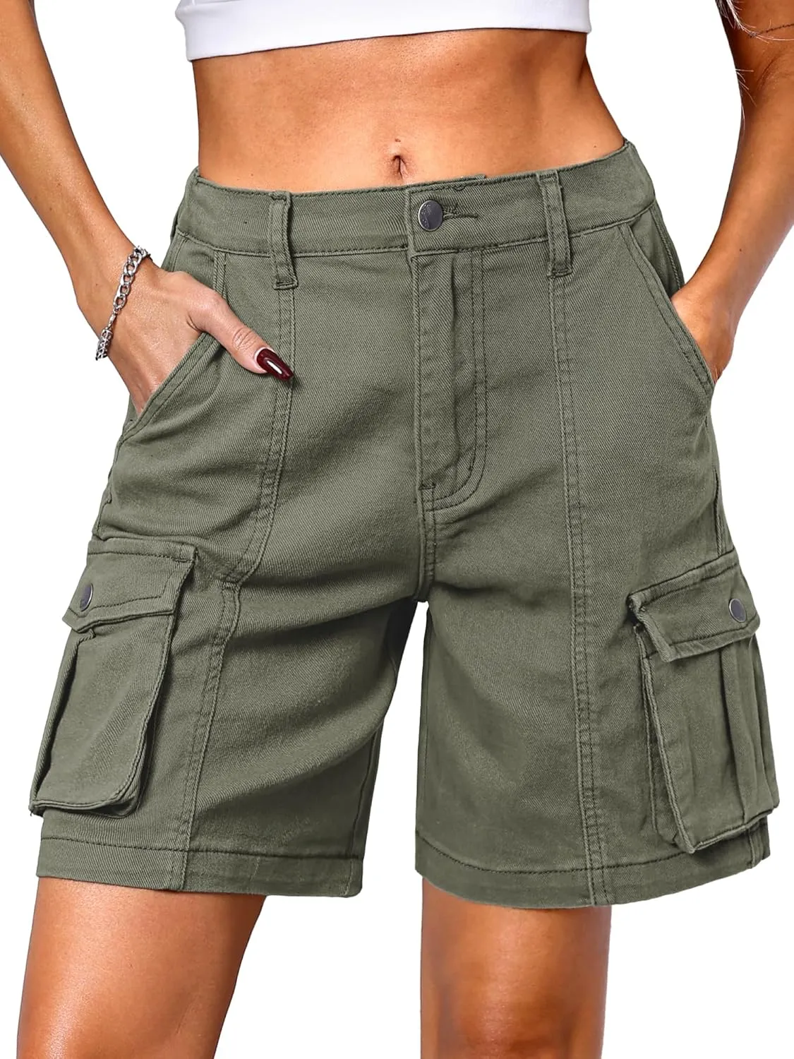 ELLEVEN Bermuda Cargo Shorts Women, Elastic High Waist 6 Pockets Shorts 7 Inch Inseam Summer Jorts for Women Casual