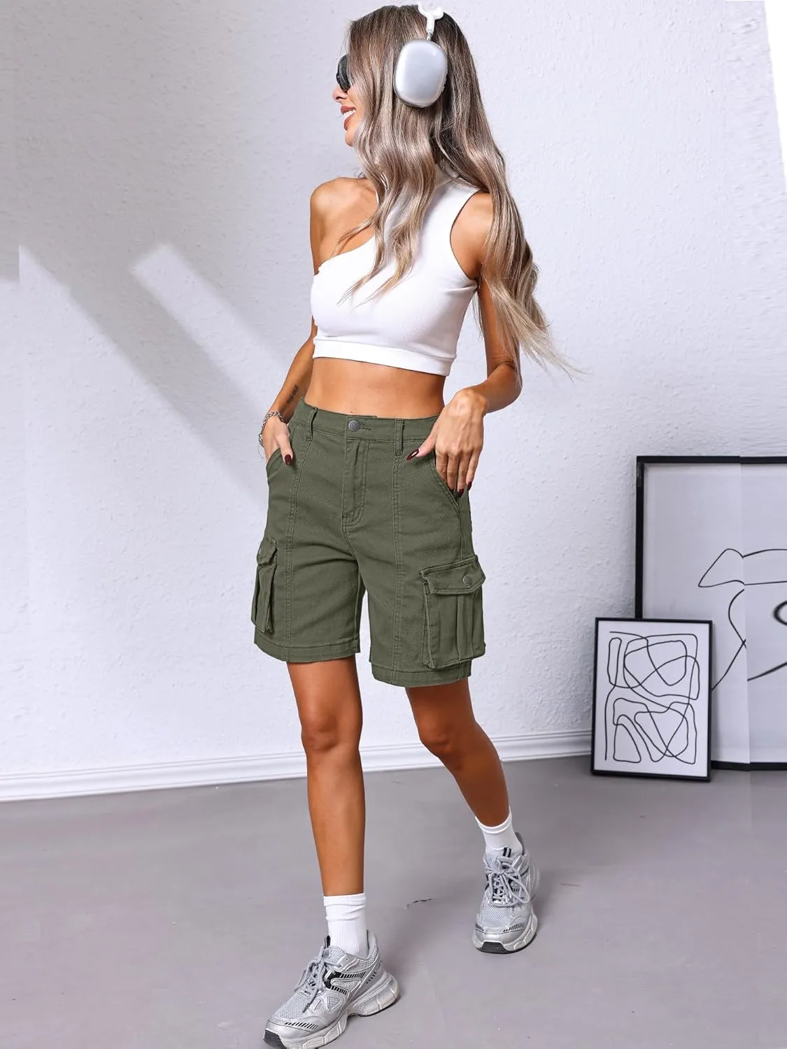 ELLEVEN Bermuda Cargo Shorts Women, Elastic High Waist 6 Pockets Shorts 7 Inch Inseam Summer Jorts for Women Casual