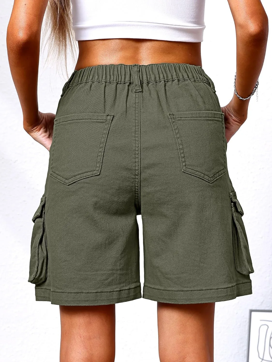 ELLEVEN Bermuda Cargo Shorts Women, Elastic High Waist 6 Pockets Shorts 7 Inch Inseam Summer Jorts for Women Casual