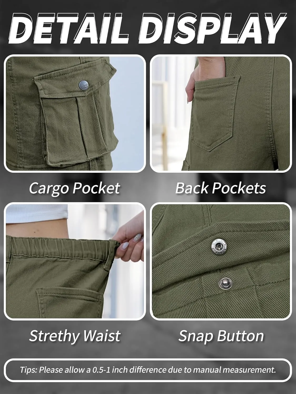 ELLEVEN Bermuda Cargo Shorts Women, Elastic High Waist 6 Pockets Shorts 7 Inch Inseam Summer Jorts for Women Casual