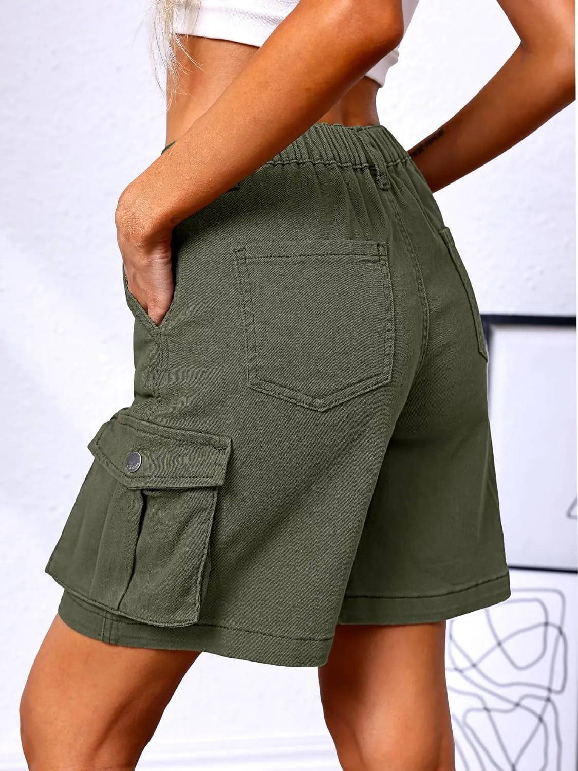 ELLEVEN Bermuda Cargo Shorts Women, Elastic High Waist 6 Pockets Shorts 7 Inch Inseam Summer Jorts for Women Casual