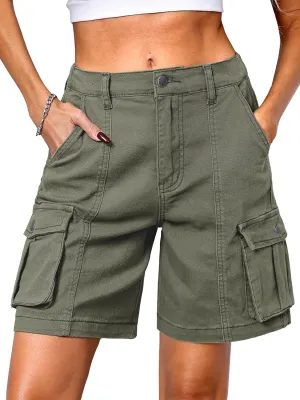ELLEVEN Bermuda Cargo Shorts Women, Elastic High Waist 6 Pockets Shorts 7 Inch Inseam Summer Jorts for Women Casual