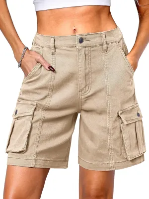 ELLEVEN Bermuda Cargo Shorts Women, Elastic High Waist 6 Pockets Shorts 7 Inch Inseam Summer Jorts for Women Casual