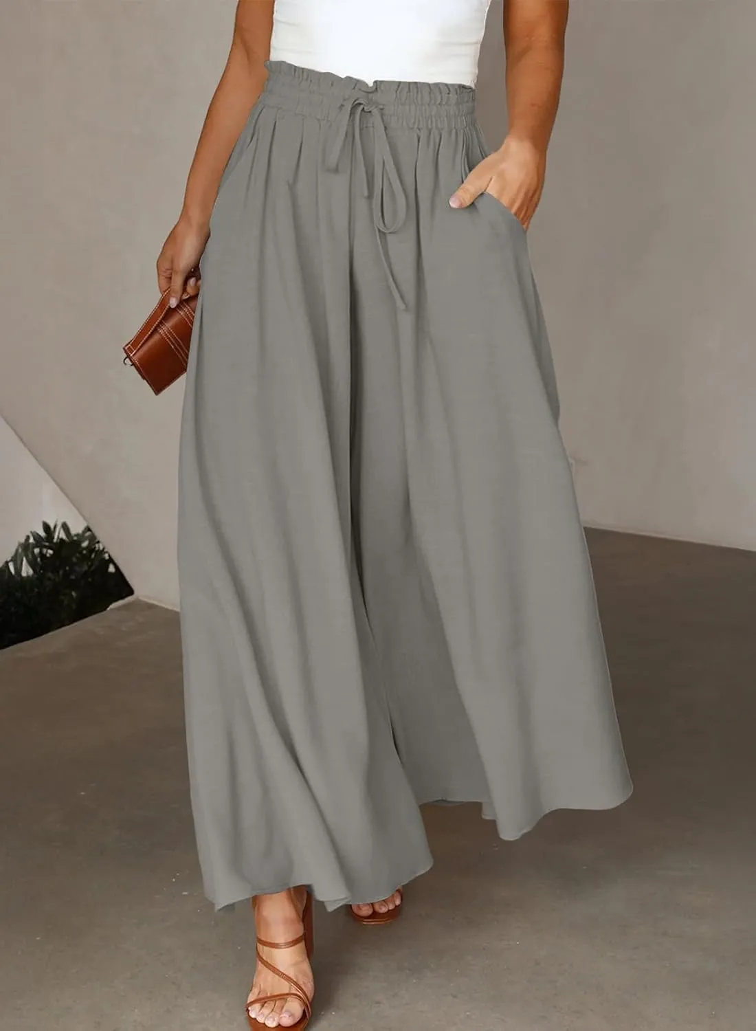 Eytino Womens Plus Size Wide Leg Pants Casual Elastic High Waist Flowy Pants Drawstring Palazzo Pants with Pockets(1X-5X)
