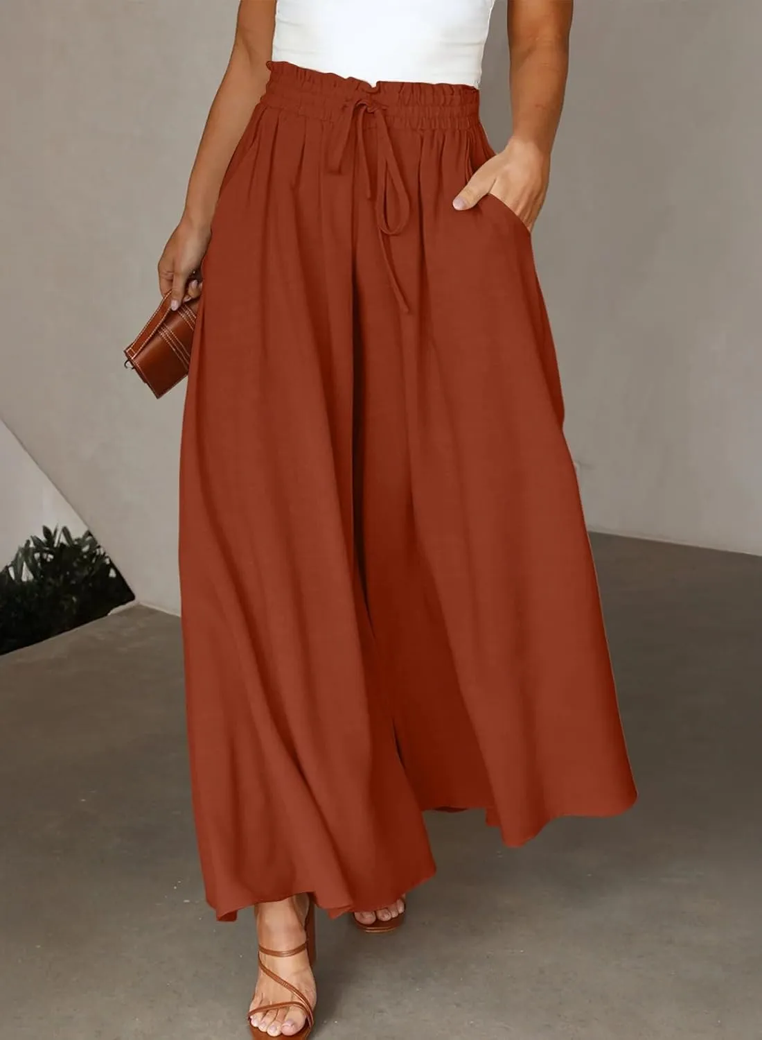 Eytino Womens Plus Size Wide Leg Pants Casual Elastic High Waist Flowy Pants Drawstring Palazzo Pants with Pockets(1X-5X)