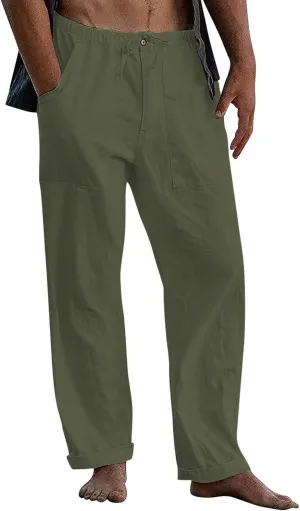 FANARCHER Mens Cotton Linen Pants Drawstring Loose Beach Pants with Pockets