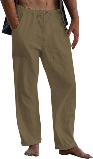 FANARCHER Mens Cotton Linen Pants Drawstring Loose Beach Pants with Pockets