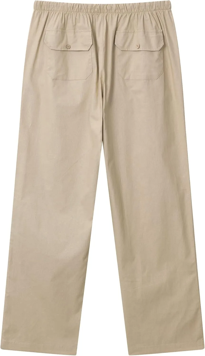 FANARCHER Mens Cotton Linen Pants Drawstring Loose Beach Pants with Pockets