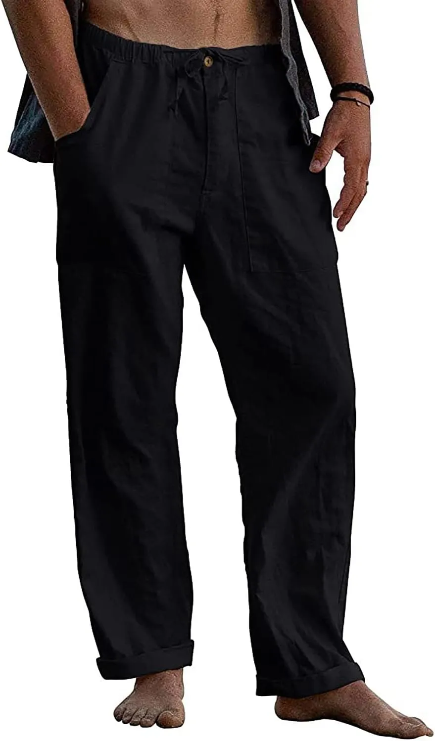 FANARCHER Mens Cotton Linen Pants Drawstring Loose Beach Pants with Pockets