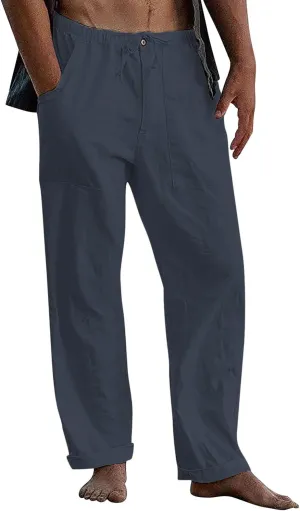 FANARCHER Mens Cotton Linen Pants Drawstring Loose Beach Pants with Pockets