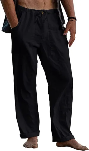 FANARCHER Mens Cotton Linen Pants Drawstring Loose Beach Pants with Pockets