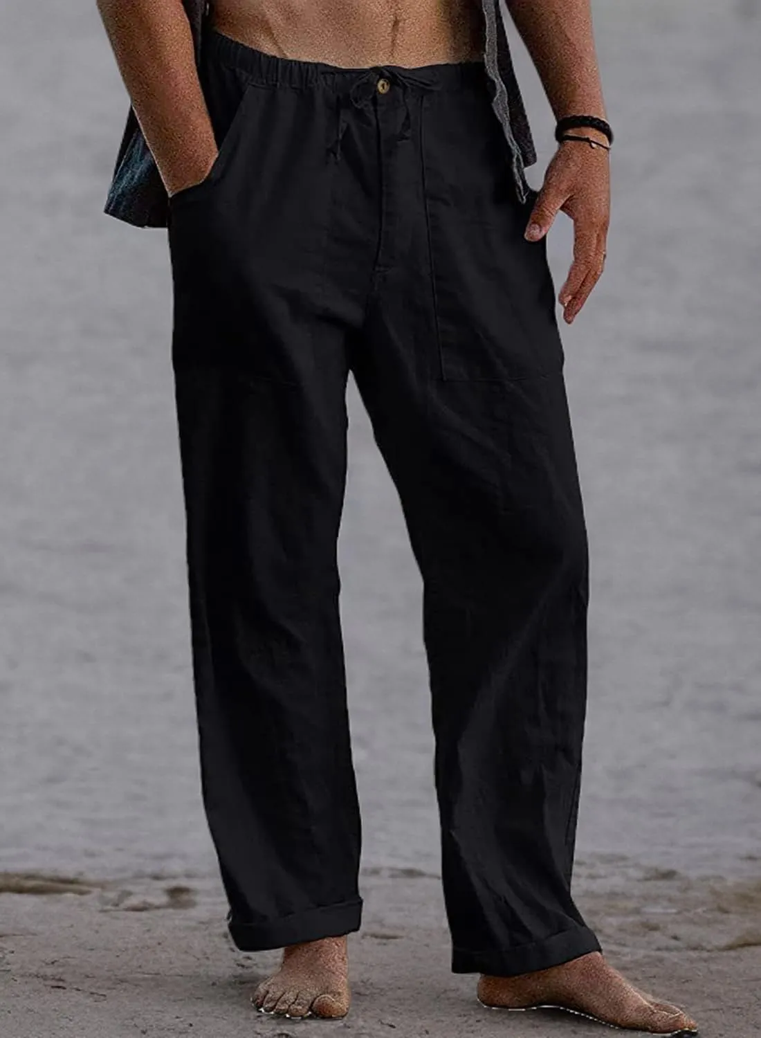 FANARCHER Mens Cotton Linen Pants Drawstring Loose Beach Pants with Pockets