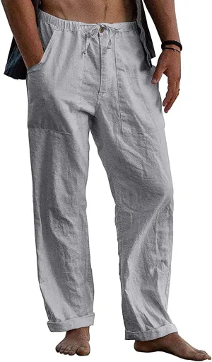 FANARCHER Mens Cotton Linen Pants Drawstring Loose Beach Pants with Pockets