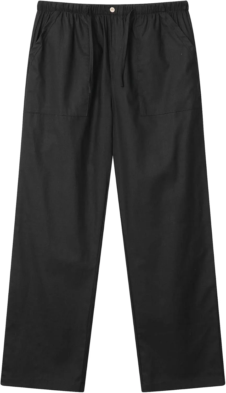FANARCHER Mens Cotton Linen Pants Drawstring Loose Beach Pants with Pockets