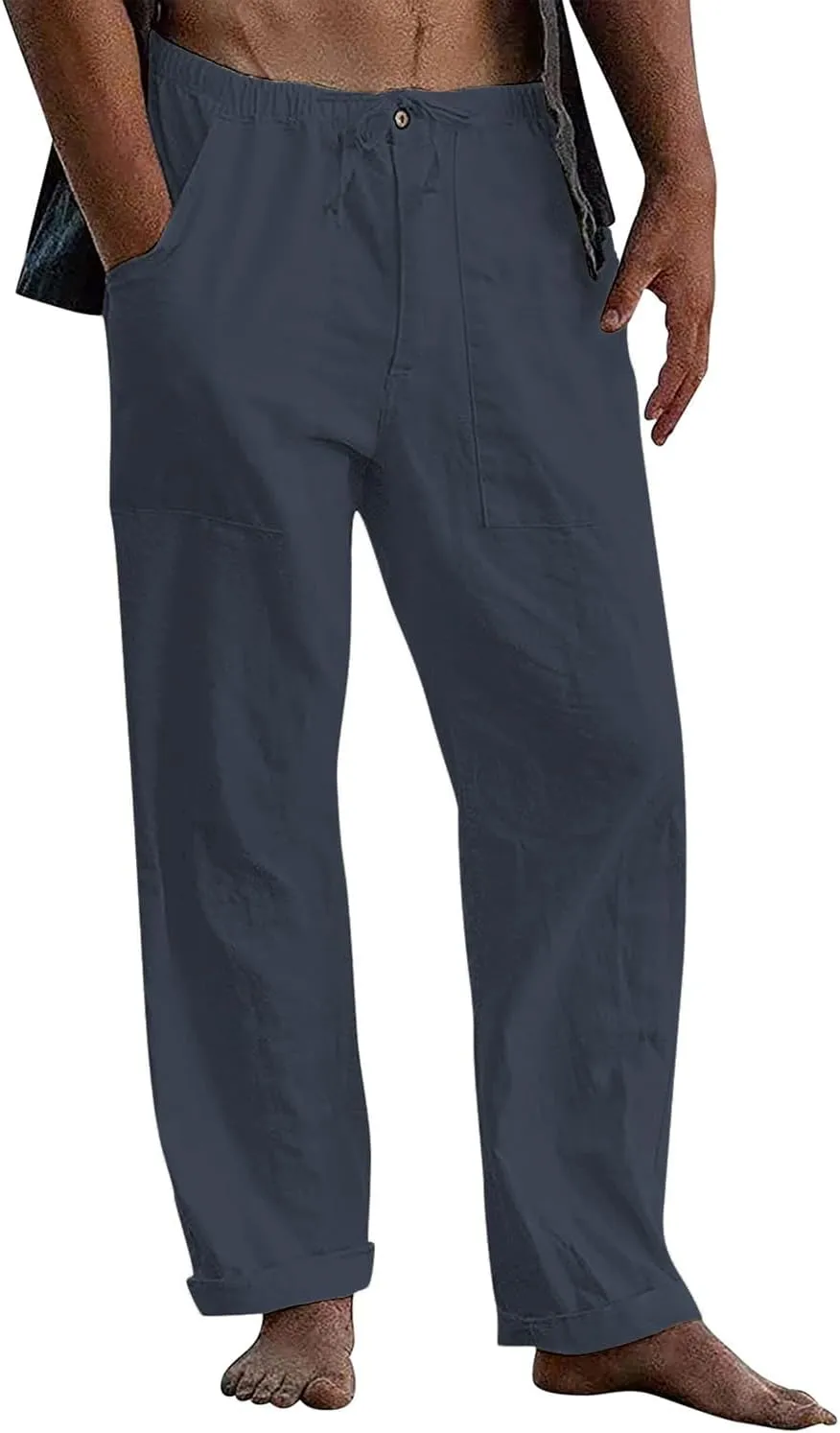 FANARCHER Mens Cotton Linen Pants Drawstring Loose Beach Pants with Pockets