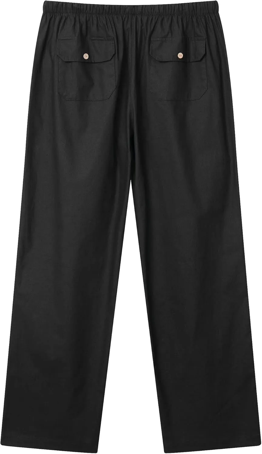FANARCHER Mens Cotton Linen Pants Drawstring Loose Beach Pants with Pockets