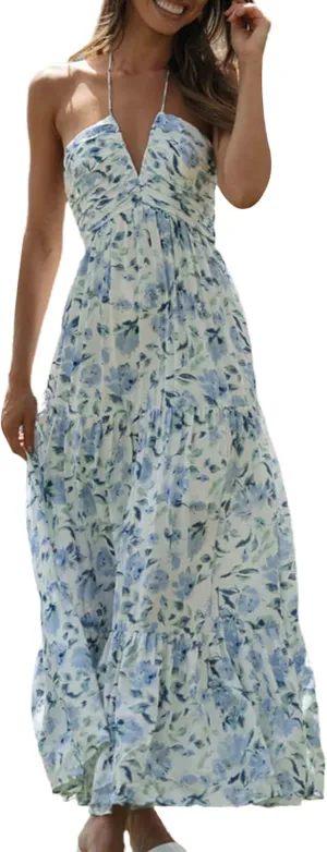 Faretumiya Womens Summer Flowy Tiered Long Dress Sleeveless Casual Spaghetti Strap Sundress Y2k Swing Boho Beach Maxi Dress