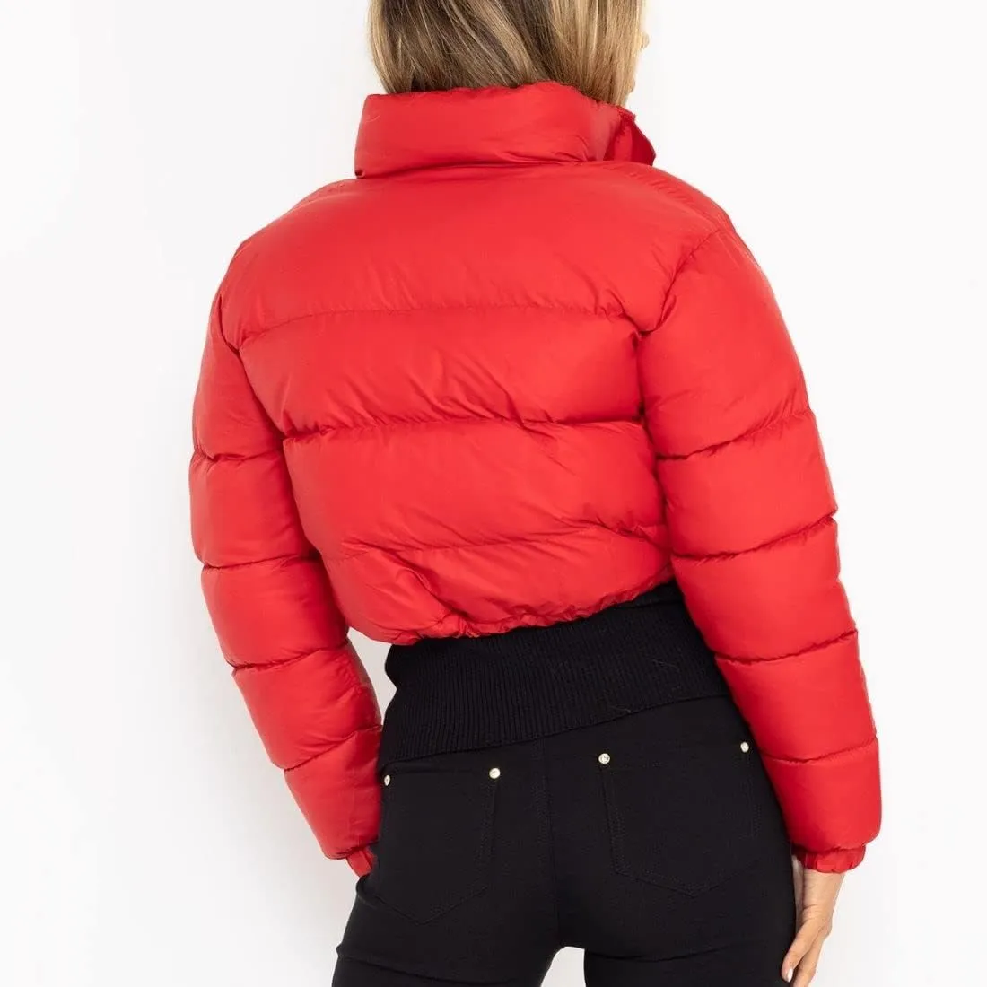 FindThy Womens Winter Cropped Puffer Jacket Classic Long Sleeve Stand Collar Padded Down Coats