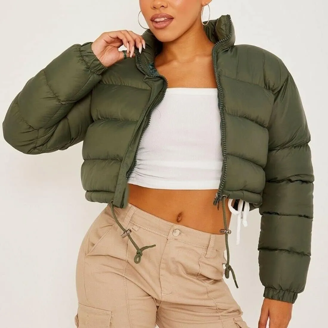 FindThy Womens Winter Cropped Puffer Jacket Classic Long Sleeve Stand Collar Padded Down Coats