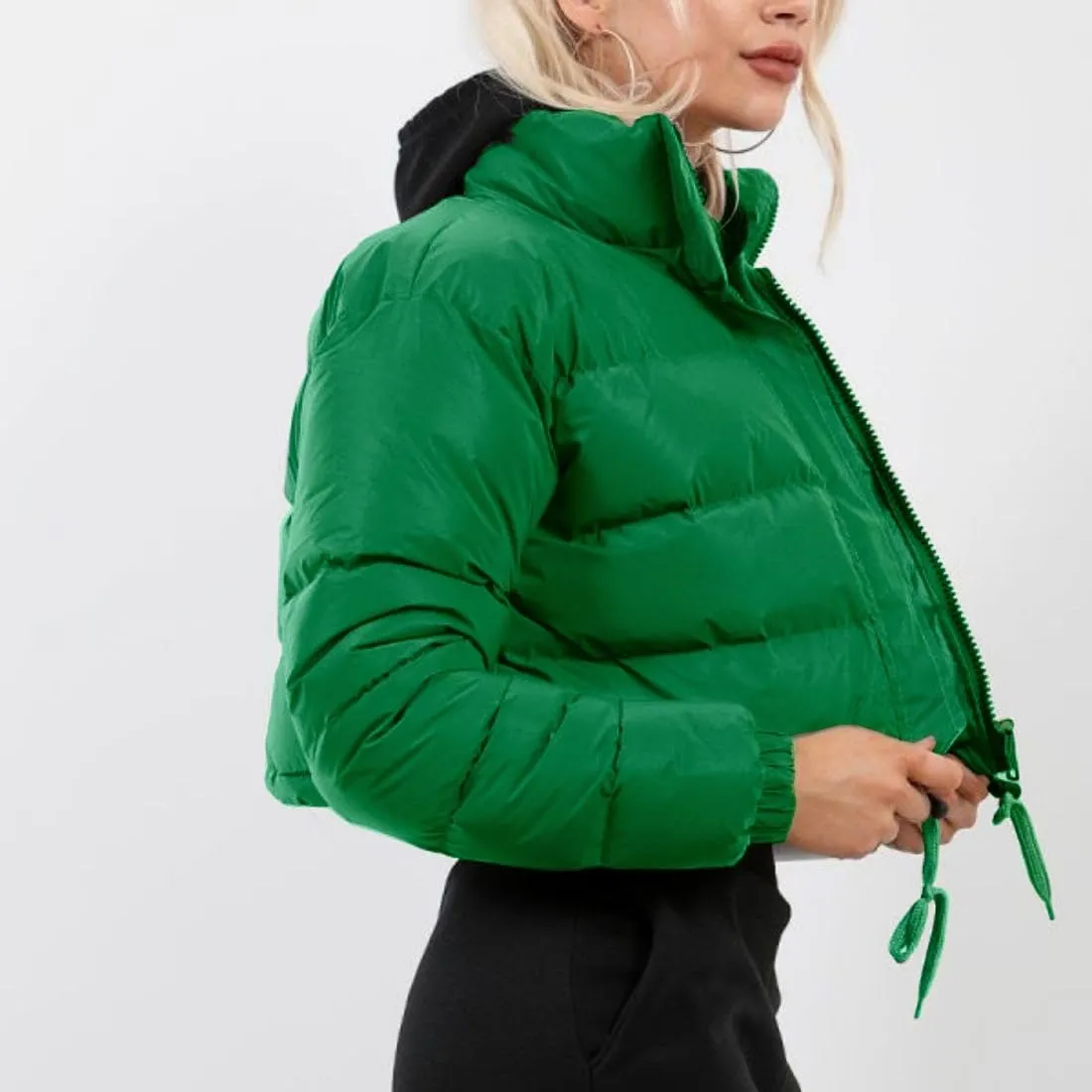 FindThy Womens Winter Cropped Puffer Jacket Classic Long Sleeve Stand Collar Padded Down Coats