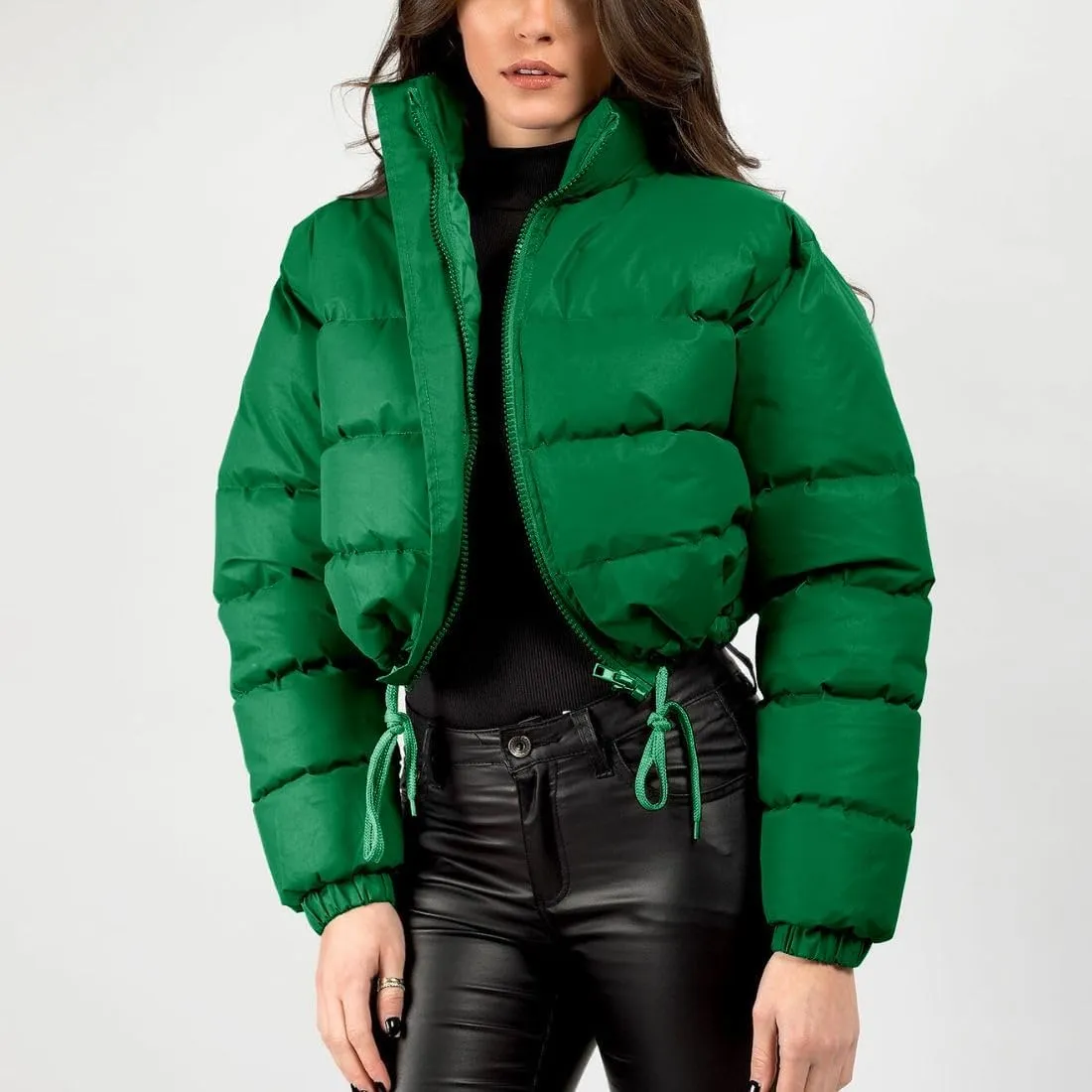 FindThy Womens Winter Cropped Puffer Jacket Classic Long Sleeve Stand Collar Padded Down Coats