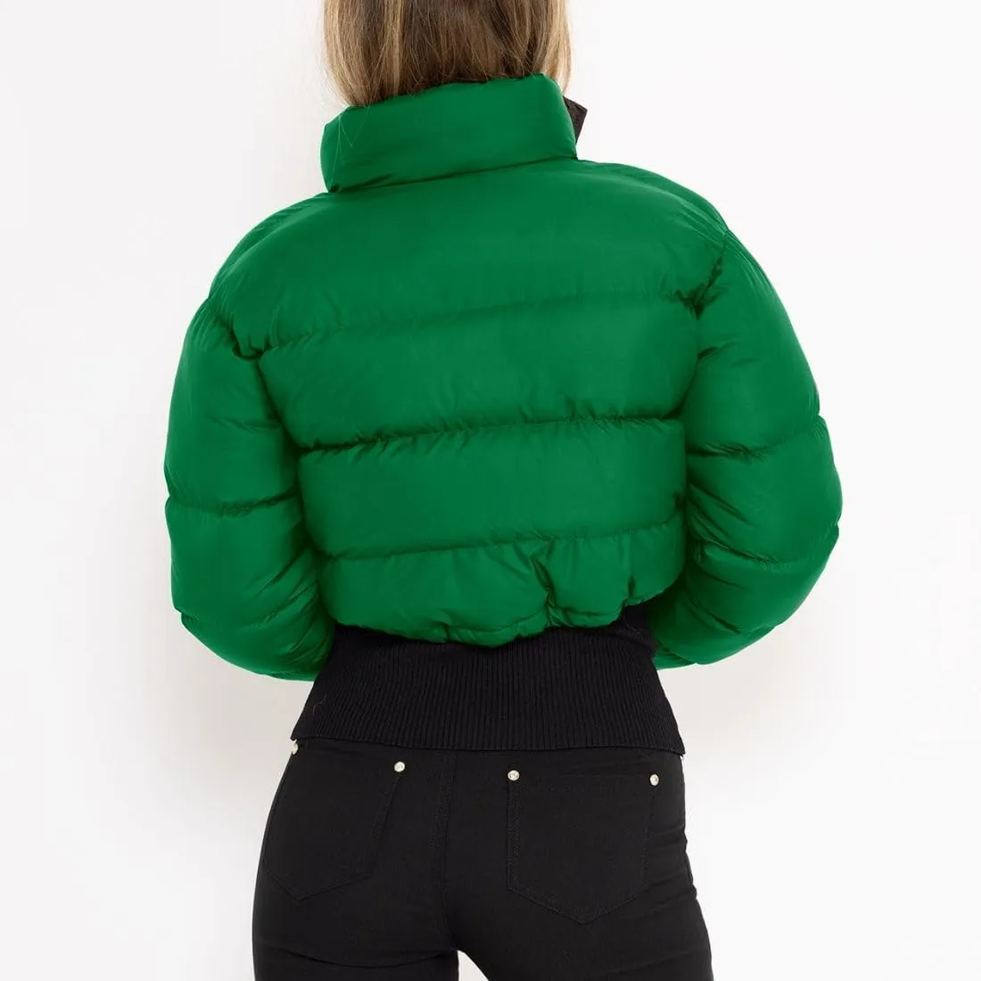 FindThy Womens Winter Cropped Puffer Jacket Classic Long Sleeve Stand Collar Padded Down Coats