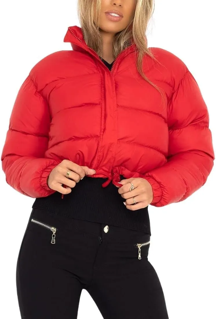 FindThy Womens Winter Cropped Puffer Jacket Classic Long Sleeve Stand Collar Padded Down Coats