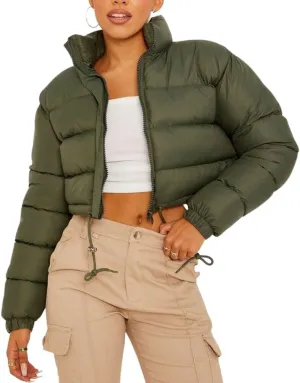 FindThy Womens Winter Cropped Puffer Jacket Classic Long Sleeve Stand Collar Padded Down Coats