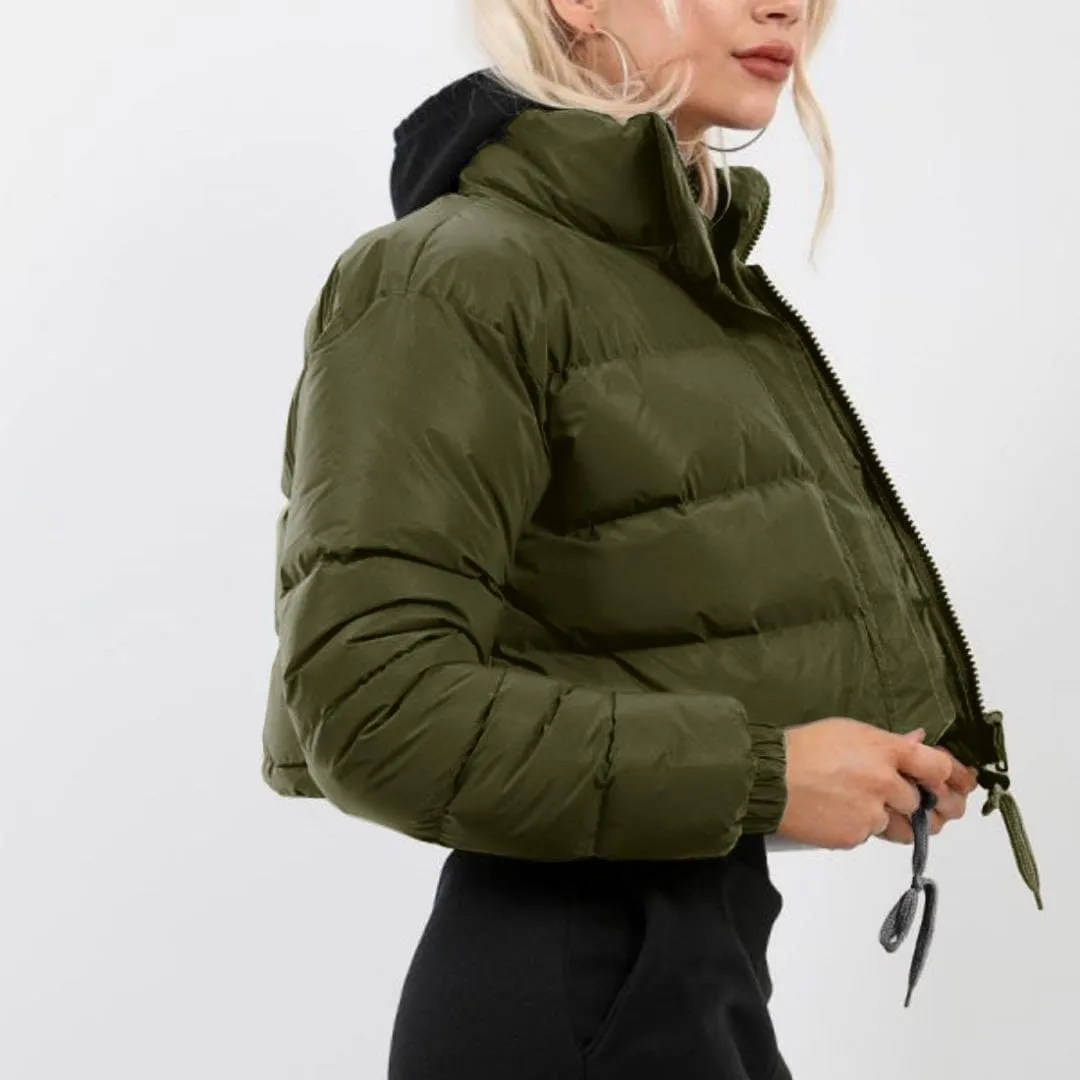 FindThy Womens Winter Cropped Puffer Jacket Classic Long Sleeve Stand Collar Padded Down Coats