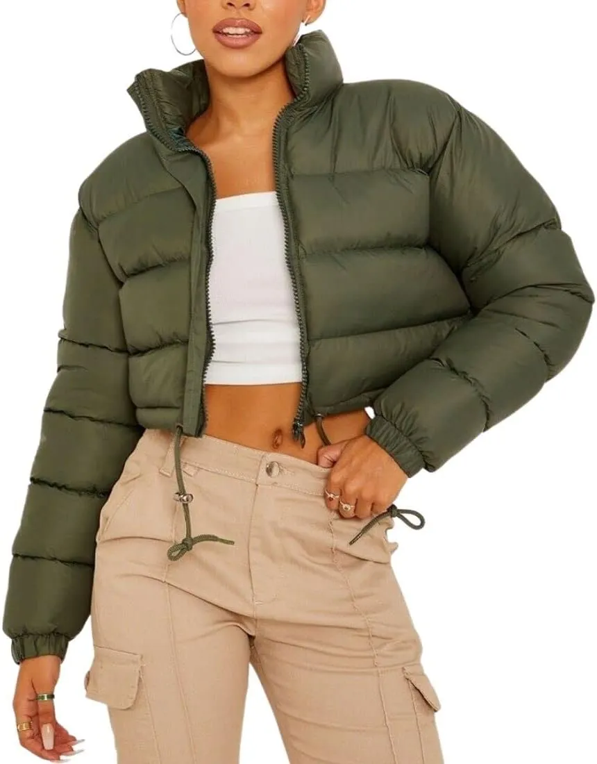 FindThy Womens Winter Cropped Puffer Jacket Classic Long Sleeve Stand Collar Padded Down Coats