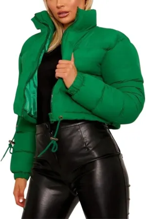 FindThy Womens Winter Cropped Puffer Jacket Classic Long Sleeve Stand Collar Padded Down Coats