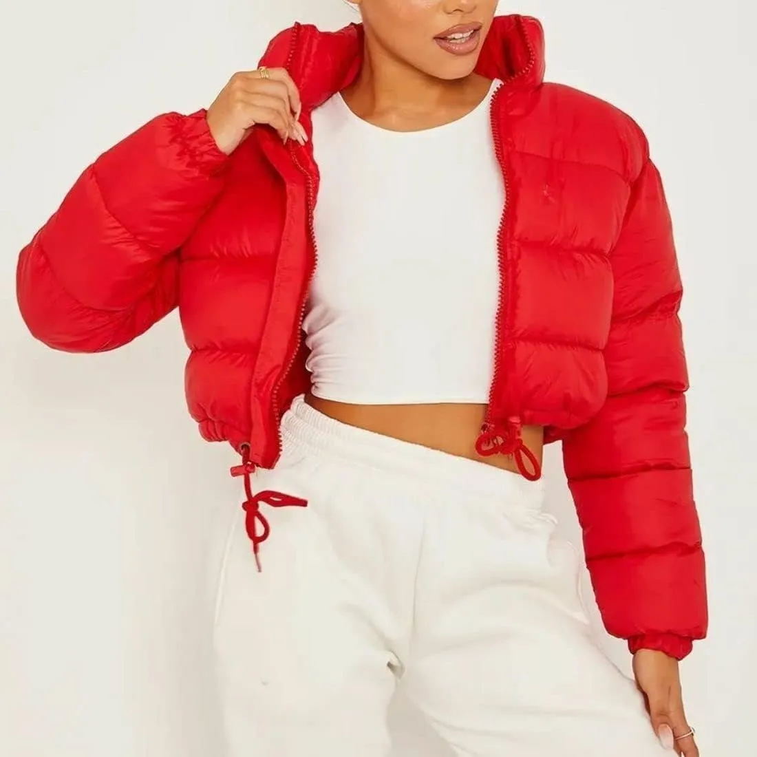 FindThy Womens Winter Cropped Puffer Jacket Classic Long Sleeve Stand Collar Padded Down Coats