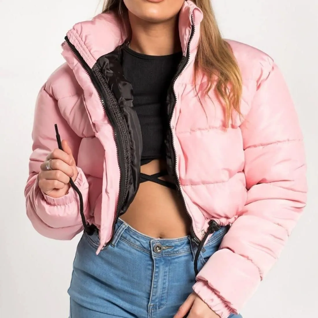 FindThy Womens Winter Cropped Puffer Jacket Classic Long Sleeve Stand Collar Padded Down Coats