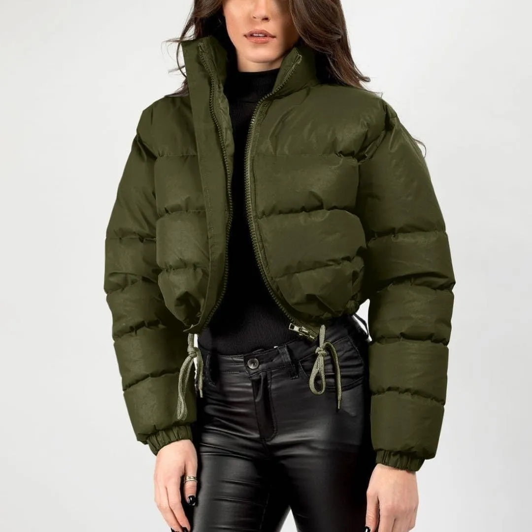 FindThy Womens Winter Cropped Puffer Jacket Classic Long Sleeve Stand Collar Padded Down Coats