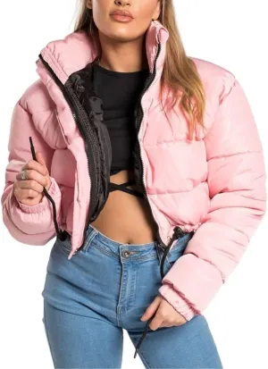 FindThy Womens Winter Cropped Puffer Jacket Classic Long Sleeve Stand Collar Padded Down Coats