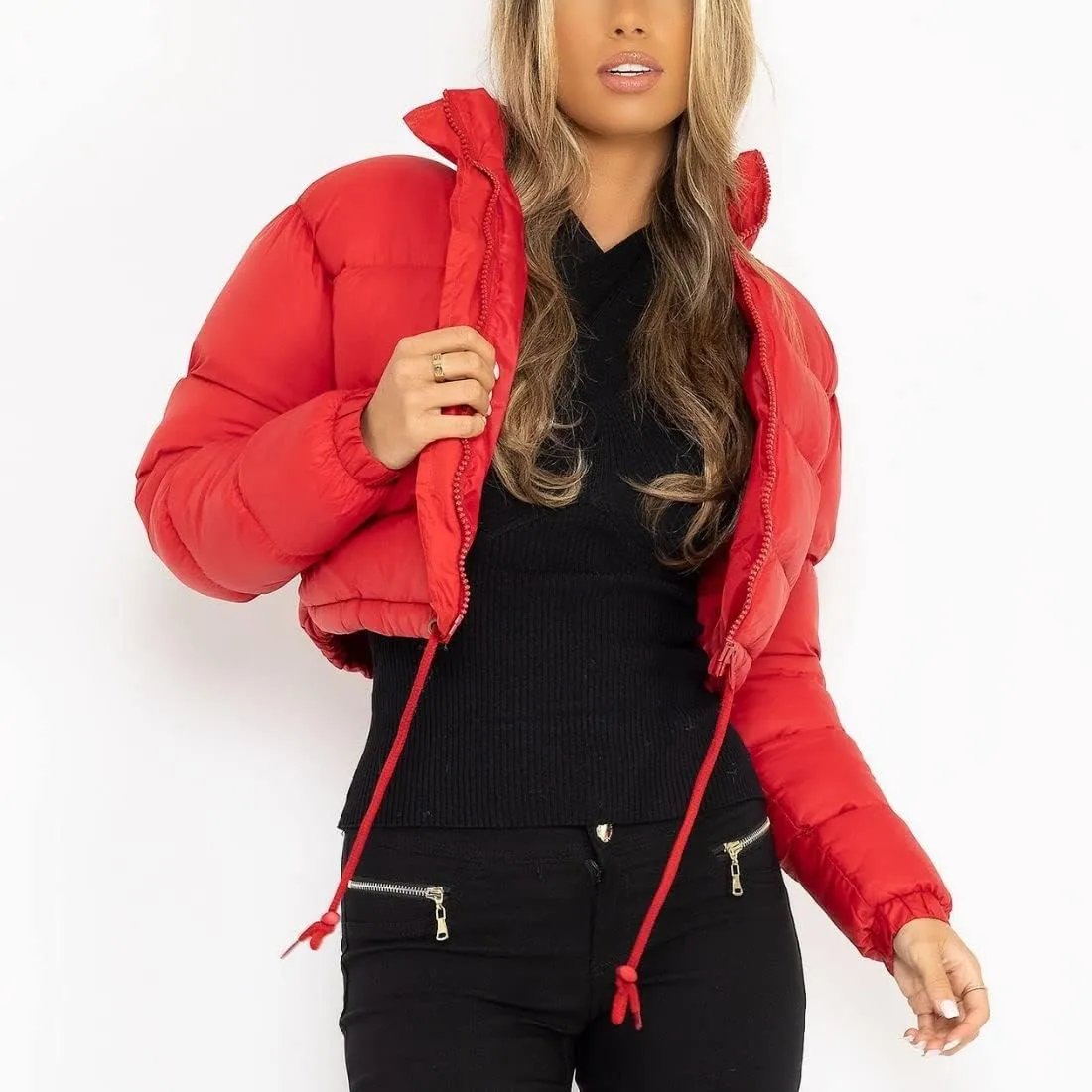 FindThy Womens Winter Cropped Puffer Jacket Classic Long Sleeve Stand Collar Padded Down Coats