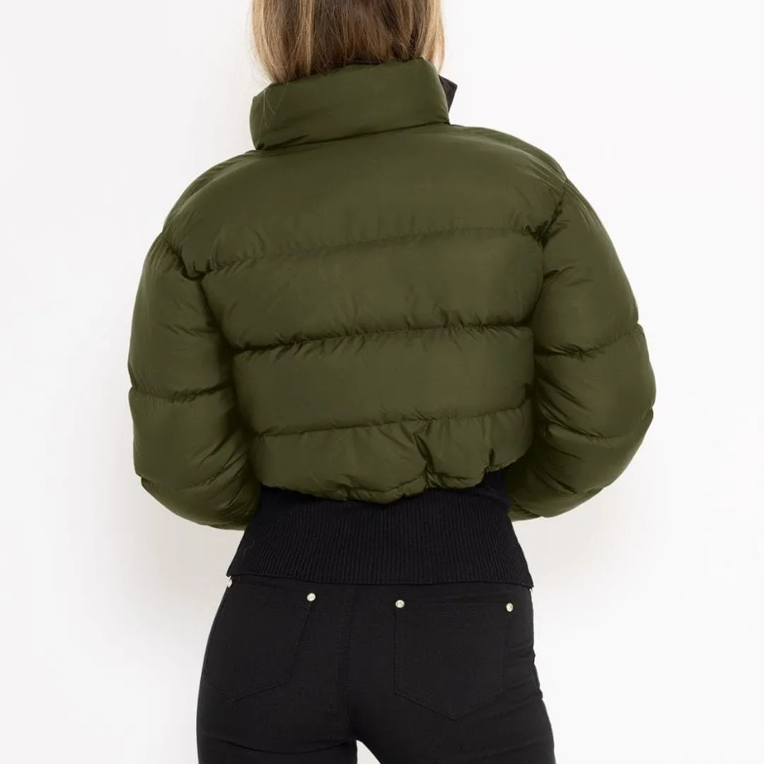 FindThy Womens Winter Cropped Puffer Jacket Classic Long Sleeve Stand Collar Padded Down Coats